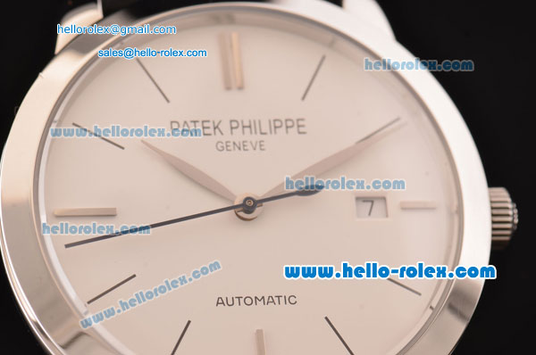 Patek Philippe Calatrava Swiss ETA 2824 Automatic Stainless Steel Case with Black Leather Strap and White Dial Stick Markers - Click Image to Close